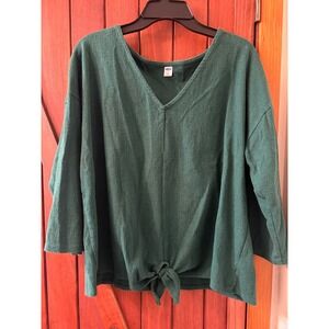 Old Navy Womens XL Green Textured V-Neck Tie-Front 3/4 Sleeve Blouse Top